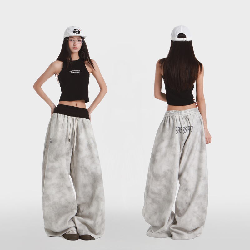Lin Xiaohua American-Style Light Gray Tie-Dye Wide-Leg Casual Pants for Women with Design Letter Print Street Dance Sweatpants