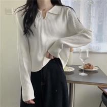 Retro POLO collar apricot sweater for women autumn 2022 new Korean version long-sleeved sweater student top trendy