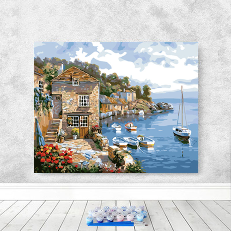 diy digital oil painting Nordic landscape landscape decorative oil painting from hand-painted decompression fill coloring seaside cottage