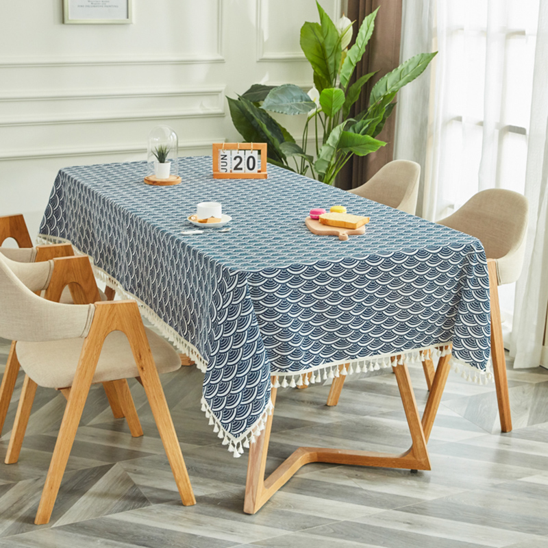 Dragon Deep Blue [Tassel Lace]tablecloth fabric art Cotton and hemp student desk Ins wind Northern Europe Modern simplicity like a breath of fresh air tassels tea table dining table Gabe