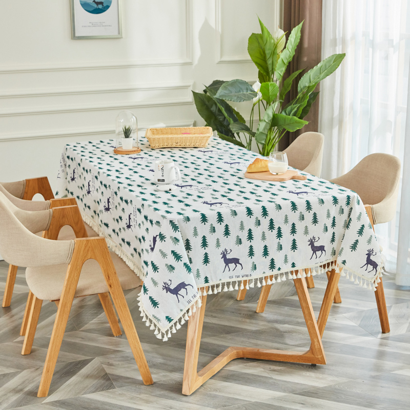 Forest Elktablecloth fabric art Cotton and hemp student desk Ins wind Northern Europe Modern simplicity like a breath of fresh air tassels tea table dining table Gabe