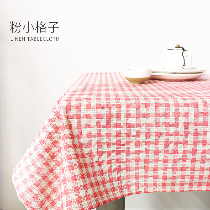 Pink Checktablecloth desk INS student fabric art Cotton and hemp Japanese  Gabe solar system Tea table cloth Northern Europe Simplicity Chinese style