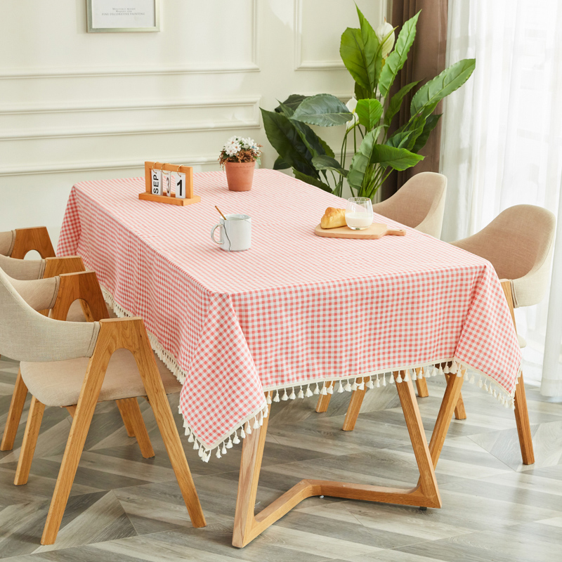 Pink Check [Fringed Lace]tablecloth fabric art Cotton and hemp student desk Ins wind Northern Europe Modern simplicity like a breath of fresh air tassels tea table dining table Gabe