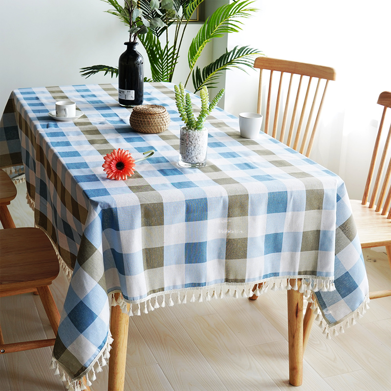 Blue Coffee Check [Fringed Lace]tablecloth fabric art Cotton and hemp student desk Ins wind Northern Europe Modern simplicity like a breath of fresh air tassels tea table dining table Gabe