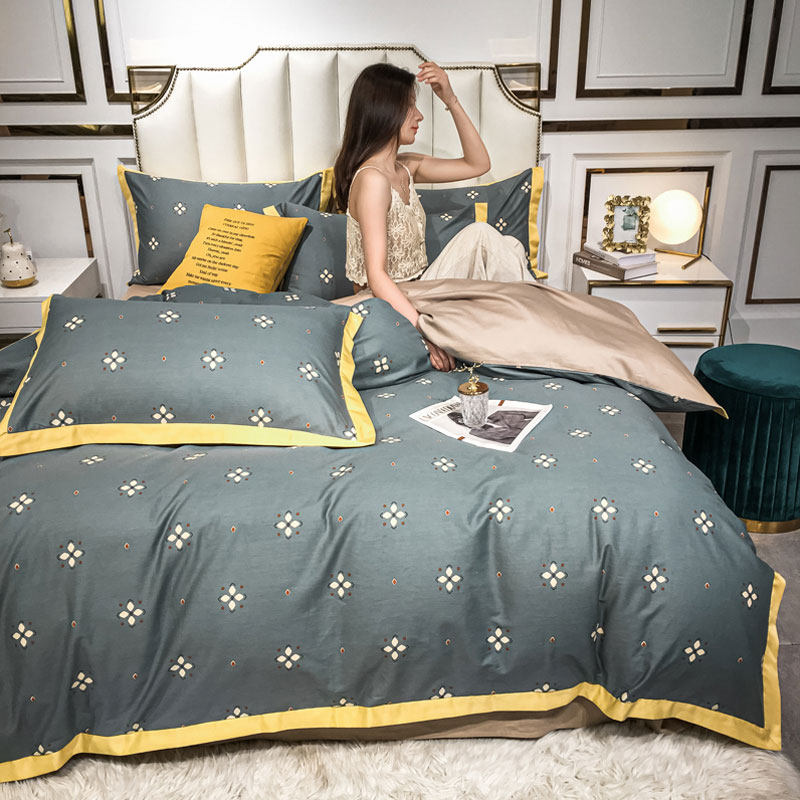 Four-piece set of cotton small fight light luxury pure cotton 100 sheets, quilt cover, bed cover, 1 5m bedding, three-piece set 4