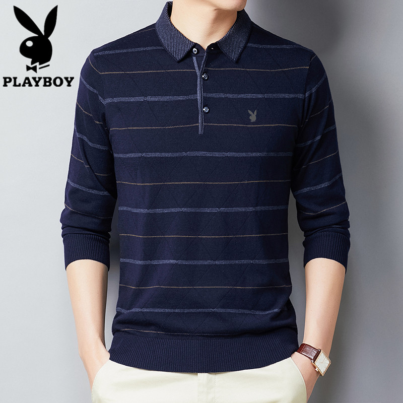 Playboy trung niên nam dài tay áo thun đùi cổ áo mùa xuân mùa thu cha knitsweater nam sọc chạm đáy.