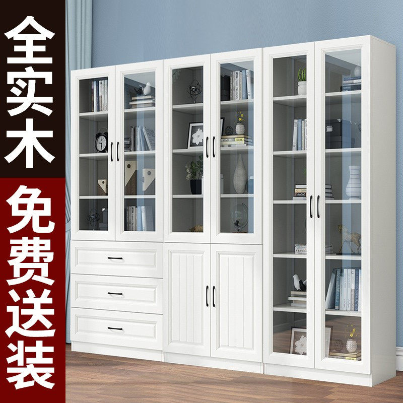 Solid wood bookcase floor-to-ceiling home shelf modern minimalist glass door bookshelf integrated against the wall children's storage cabinet