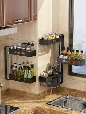 Punch-free kitchen corner shelf wall-mounted rotatable seasoning shelf wall storage supplies with knife holder