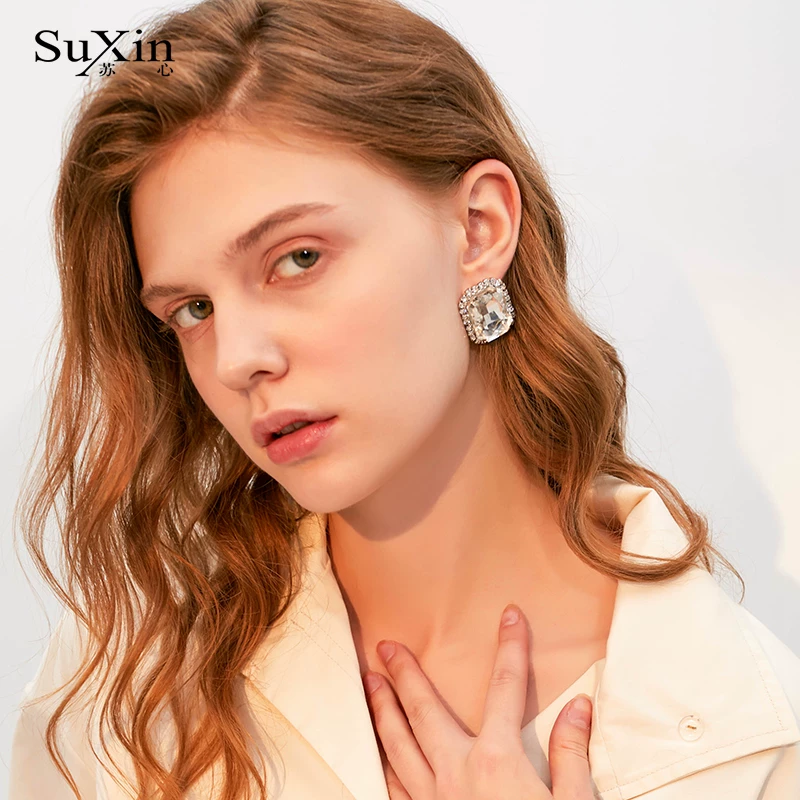 Сю xin Shiny geometric accessory, square transparent retro earrings, silver 925 sample