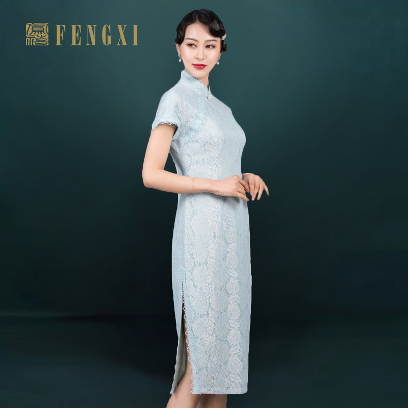 Lace cheongsam for mother, long dress, with short sleeve, Chinese style, mid-length