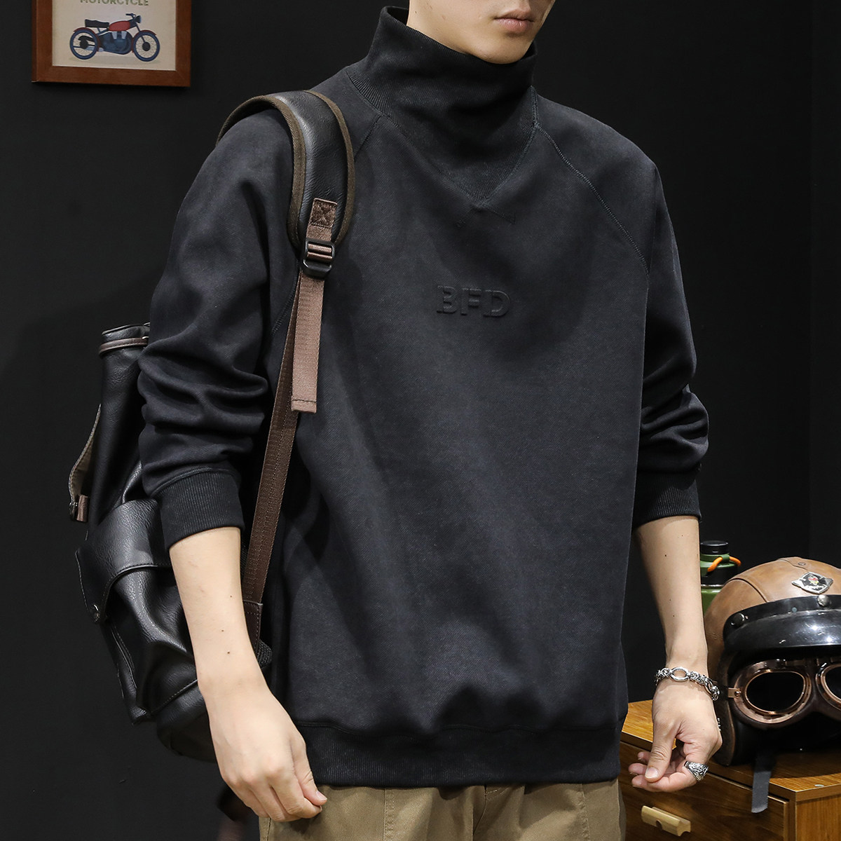 Semi-high neckline plus suede necropolis for men's autumn and winter style men's clothes autumn 23 new heavy weights Big code Black Winter-Taobao
