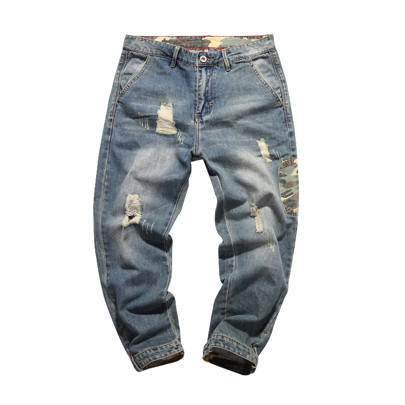 Nine pants men's spring tide brand ripped jeans feet wild 9 points pants loose large size Korean trend pants
