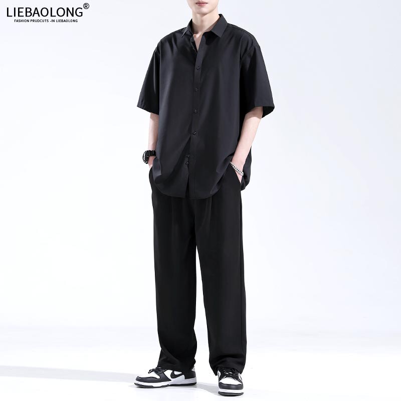 Ice Silk Short-Sleeved Shirt Summer Suit Men's Thin Casual Shirt Jacket Quick-Drying Large Size No-Iron Suit Pants Black