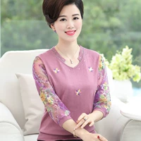 Phụ nữ trung niên và già nửa váy mẹ mùa xuân và mùa thu đoạn ngắn chạm đáy áo sơ mi voan trung niên mùa hè quần áo dài tay đầm cho người trung niên