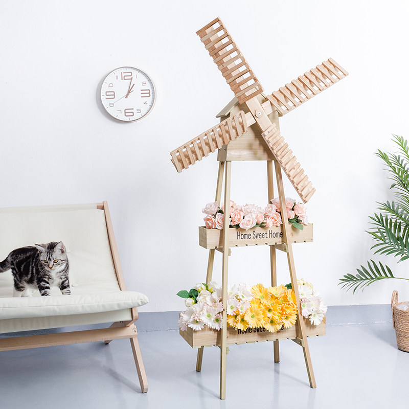 Creative pastoral home decoration ornaments balcony windmill flower frame wooden storage flower window shop floor flower rack decoration