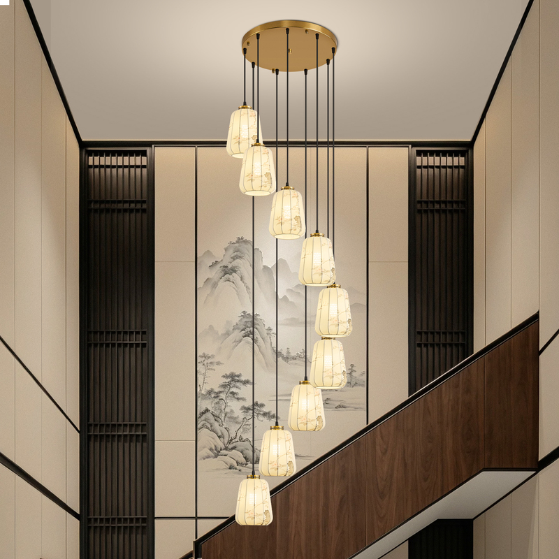 Song-Style Aesthetic Staircase Chandelier, New Chinese-Style Pendant Light, Multi-Head Solid Wood Rotating Staircase Duplex Suspended Chandelier, Zhongshan