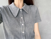 hi candy summer thin slim slim simple gentle lapels solid color short sleeve threaded knit top