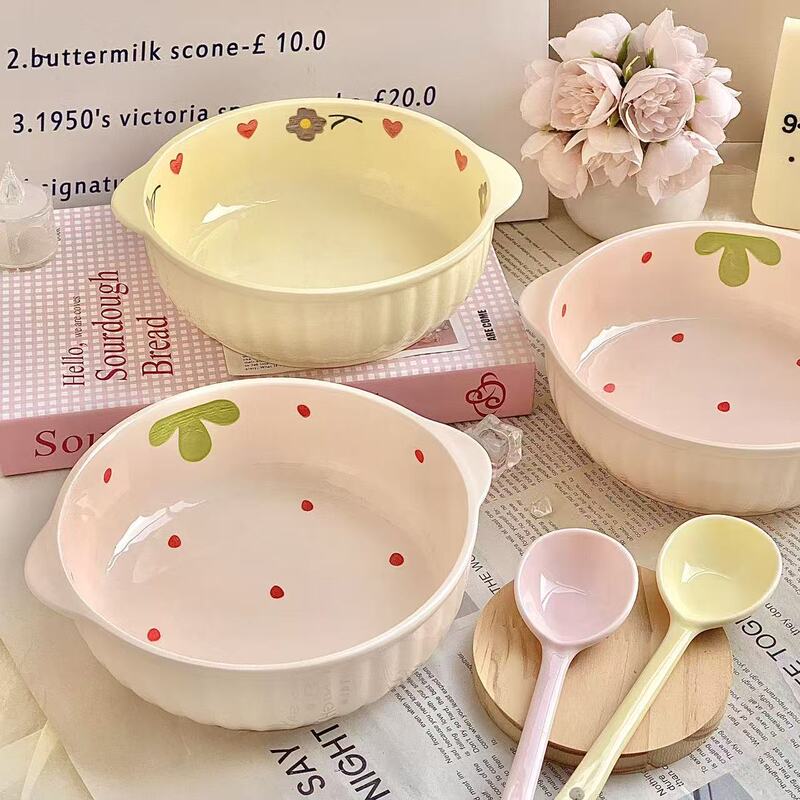Cream Strawberry Wisteria Flower 7.5-Inch Double-Handle Household Soup Bowl Ceramic Underglaze Bowl Student Salad Cute Bowl Cream Strawberry Wisteria Flower 7.5-Inch Double-Handle Household Soup Bowl Ceramic Underglaze Bowl Student Salad Cute Bowl