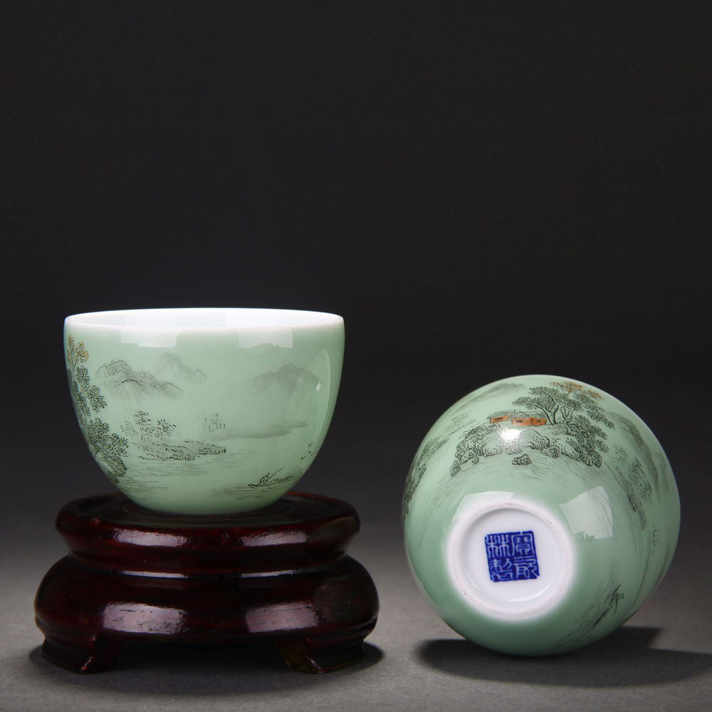 Treasure porcelain Lin ocean 's pea green color ink landscape small cup of jingdezhen ceramic glaze color add a cup of tea cups