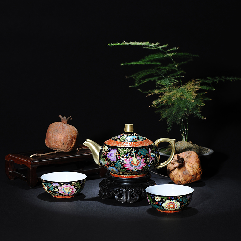 This colored enamel porcelain Lin and a pot of two cups of jingdezhen Chinese key-2 luxury high - grade tea suit household restoring ancient ways