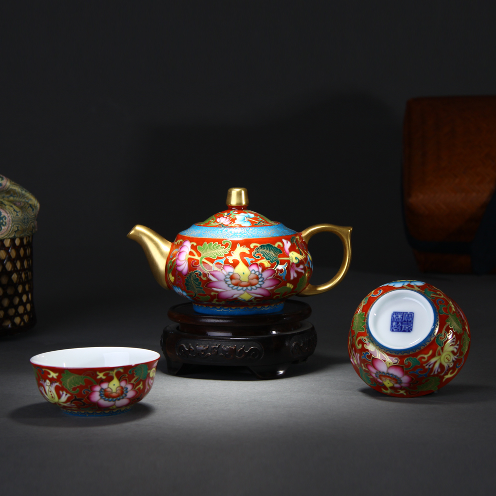 Treasure porcelain colored enamel Lin, a pot of two cups of tea, black/red/yellow color feature jingdezhen porcelain