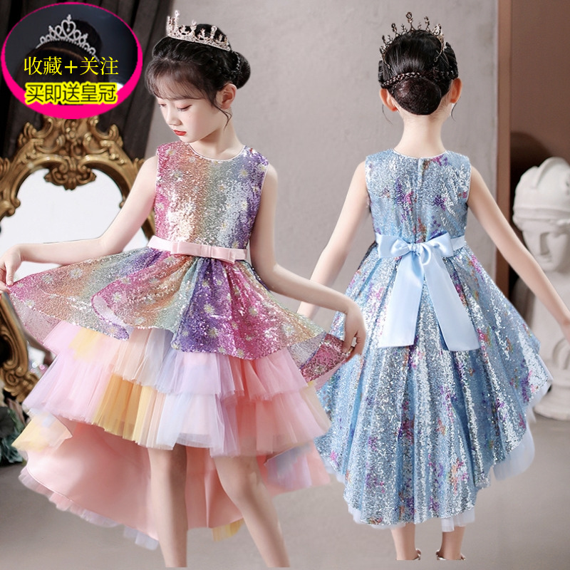 Girl Princess Dress Rehearsal For Rainbow Summer Dress Children Foreign Dress Floral Dresses Piano Tug Tail Dresses Summer