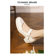 One Force Rice Grey Spring Autumn Season Rough Heel Mary Precious Shoes Woman 2022 new genuine leather round head light mouth Inn wind small leather shoes