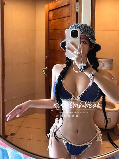 Sissi traje de baño denim azul tejido a mano bikini de hilo chica caliente halter sexy isla vacaciones nicho traje de baño