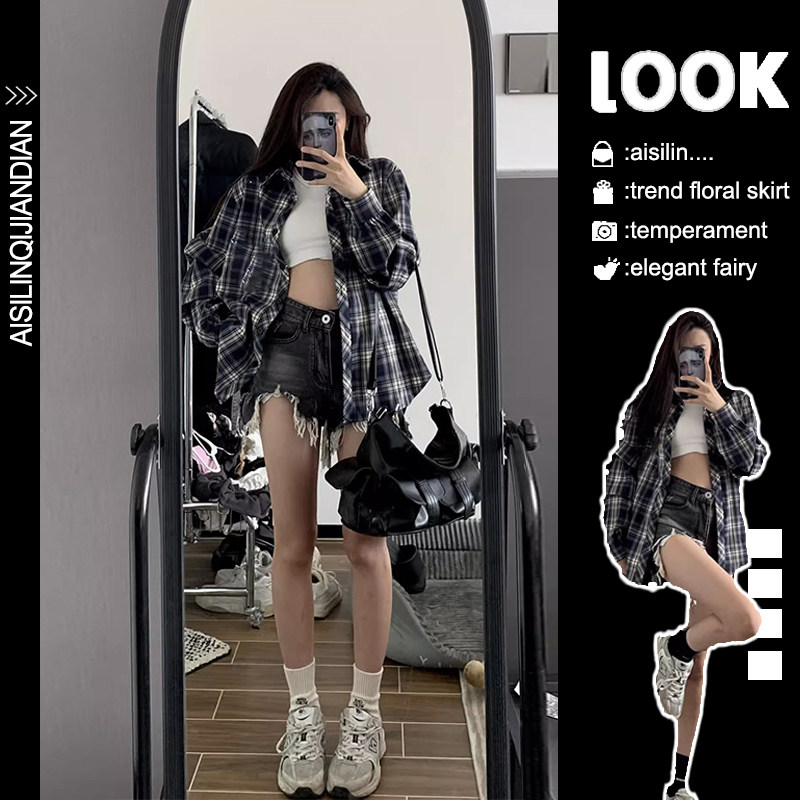 2026年春夏新作チェック柄シャツトップス、小柄な女性向け、長袖、薄手の紫外線対策ジャケット/シャツ