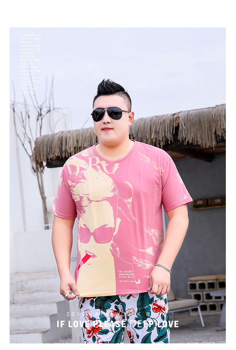 Quần áo nam béo cộng với phân bón XL mùa hè áo thun ngắn tay màu hồng trẻ trung xu hướng áo thun trẻ trung - Áo phông ngắn áo thun nam tay ngắn có cổ