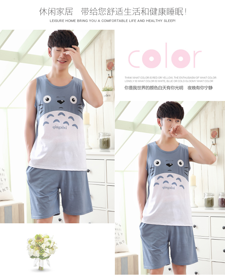 Không tay vest đồ ngủ nam mùa hè sọc kích thước lớn lỏng cotton phần mỏng quần short giản dị có thể được đeo bên ngoài dịch vụ nhà phù hợp với