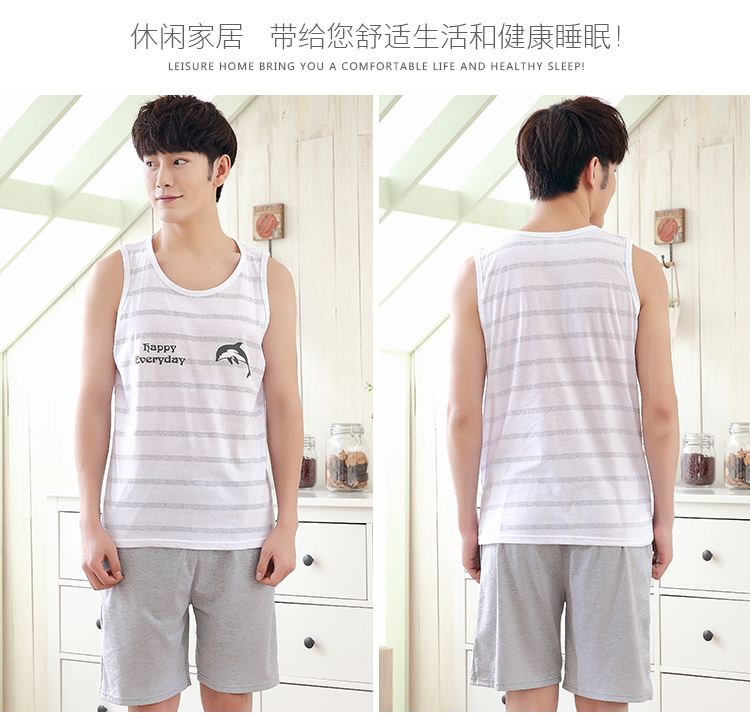 Không tay vest đồ ngủ nam mùa hè sọc kích thước lớn lỏng cotton phần mỏng quần short giản dị có thể được đeo bên ngoài dịch vụ nhà phù hợp với