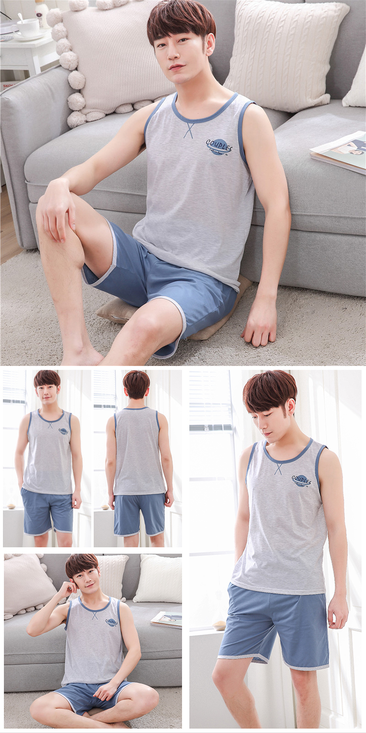 Không tay vest đồ ngủ nam mùa hè sọc kích thước lớn lỏng cotton phần mỏng quần short giản dị có thể được đeo bên ngoài dịch vụ nhà phù hợp với