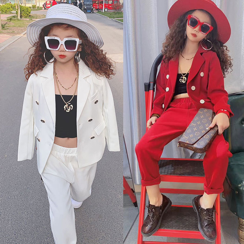 Girls suit spring and autumn girls red and white little suit model hegemony T-stage show dress cool