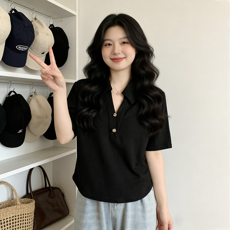 Plus-Size Black Button-Down Polo Collar Short-Sleeve T-Shirt for Women, Summer Vintage Style, Waist-Cinching, Slimming, Casual Top