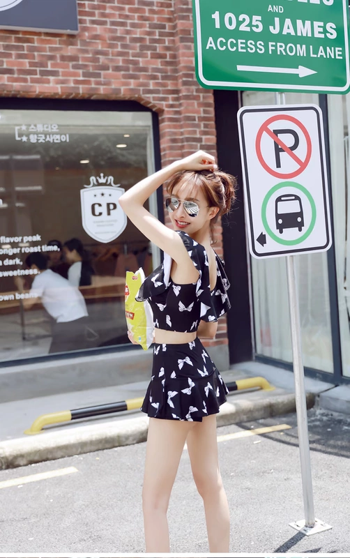 Áo tắm nữ ba mảnh ngực nhỏ tụ tập suối nước nóng Hàn Quốc nhỏ màu đen tươi che bụng áo tắm sinh viên bảo thủ nữ - Bộ đồ bơi hai mảnh