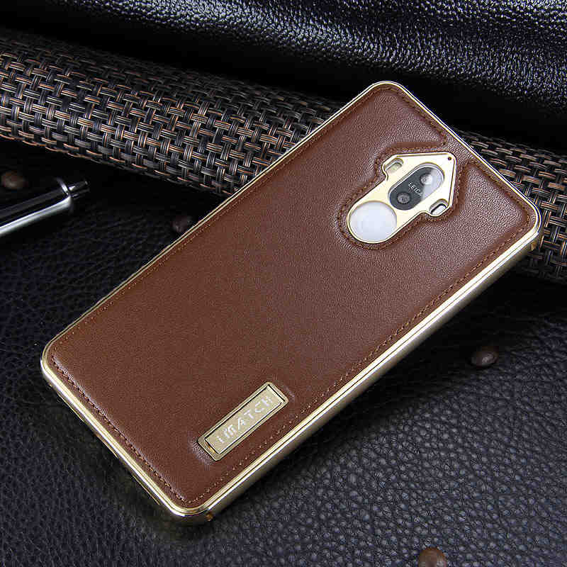 iMatch Luxury Aluminum Metal Bumper Premium Genuine Leather Back Cover Case for Huawei Mate 9
