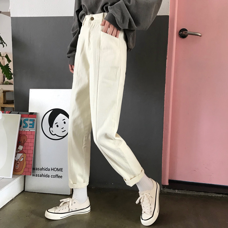 100 lap black Korean version with high waist display slim white jeans student pants loose trend straight drum pants 90% pants female