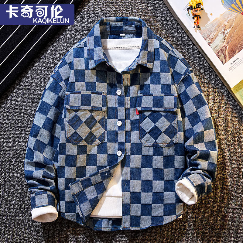 Boy Shirt Jacket Denim Spring Autumn 2022 New Children's Shirt CUHK Boy Handsome Boy Plaid Shirt Spring Dress