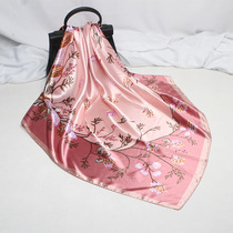 2021 new simulation silk scarf female vine flower blue print 90 square towel hijab scarf