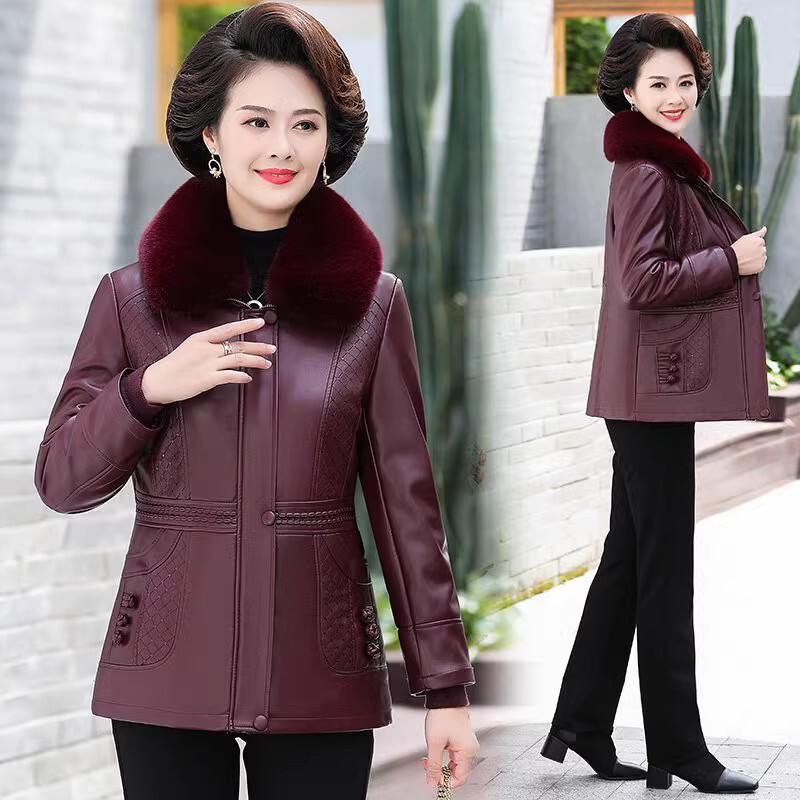 Middle-Aged and Elderly Women's Leather Jacket, New Autumn and Winter Style, for 50-60 Year Old Mothers, Haining Leather Jacket, Fleece-Lined and Thickened Leather Cotton Coat