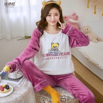 Pajamas womens autumn and winter coral velvet home clothing winter long sleeve round neck thick flannel suit sweet can be worn outside