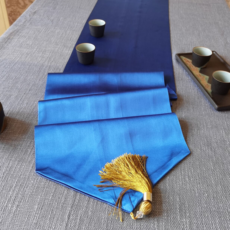 New Chinese blue table flag silk texture light and luxurious vintage minimalist tea mat table cloth art tea table strip decorations