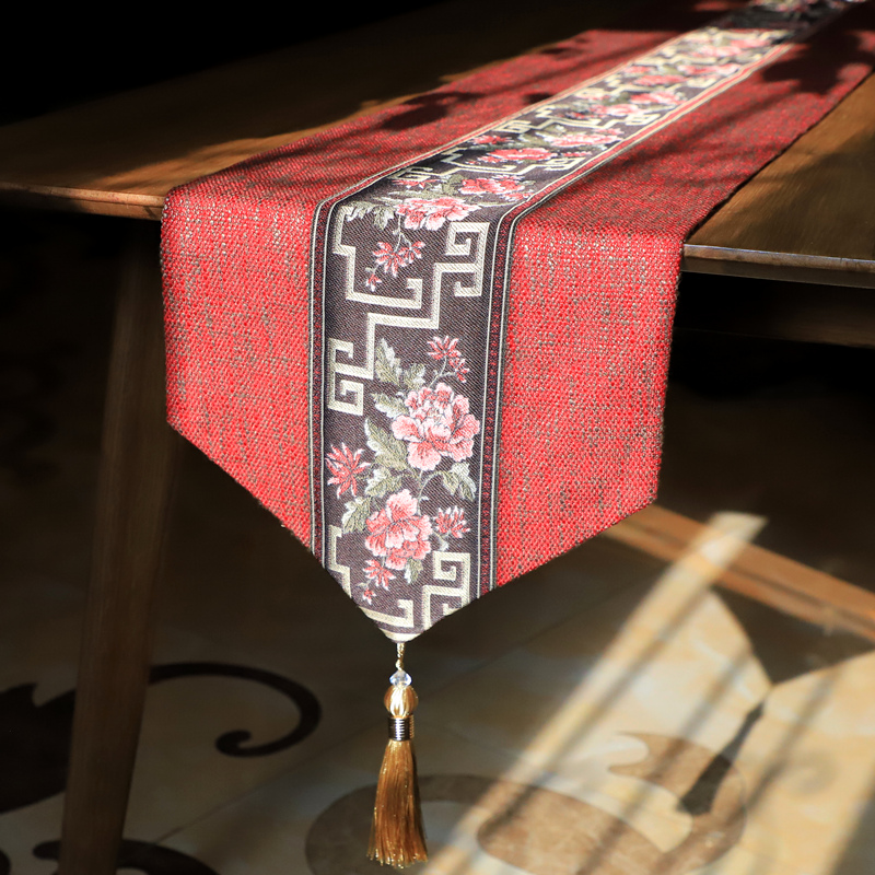 New Chinese red cotton linen table flag Zen-style tea mat modern minimalist Chinese wind wedding celebration tea table decoration cloth art