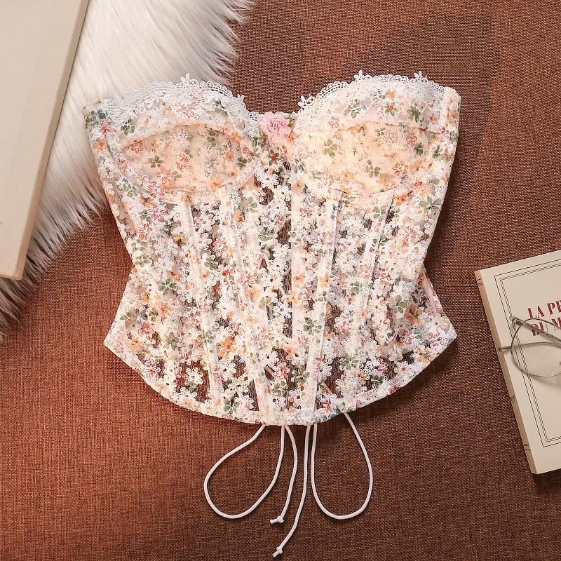 French Lace Fishbone Corset Camisole for Women, Sexy Design, Niche Short Style, Tie-Up Waist-Cinching Tube Top French Lace Fishbone Corset Camisole for Women, Sexy Design, Niche Short Style, Tie-Up Waist-Cinching Tube Top