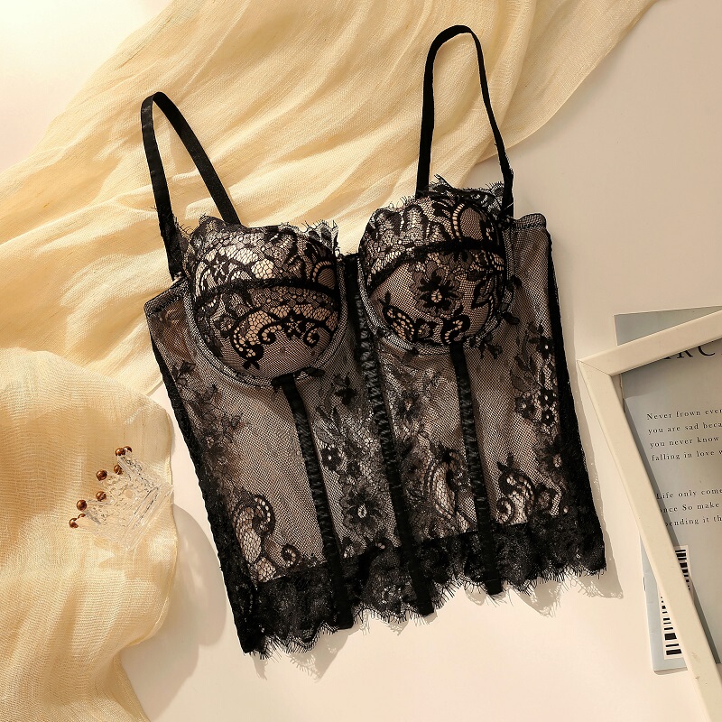 French-Style Black Lace Camisole with Padded Bust, Push-Up Fishbone Bra, Waist-Cinching Sexy Tank Top, Bandeau Top for Women