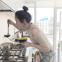 Ice-wire-knit sweatshirt short sleeve T-shirt woman Summer new thin section Slim Fit Leaky Shoulder Half Sleeve Cardiator Sexy Bare Shoulder Blouse