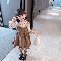 Girls spring corduroy dress 2024 new fashionable baby girl spring and autumn suspender skirt two-piece set