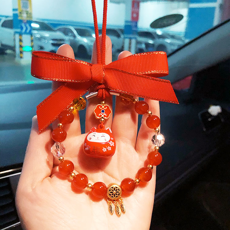 Original Chinese red car pendant rearview mirror car lucky cat pendant natural agate car pendant female handmade