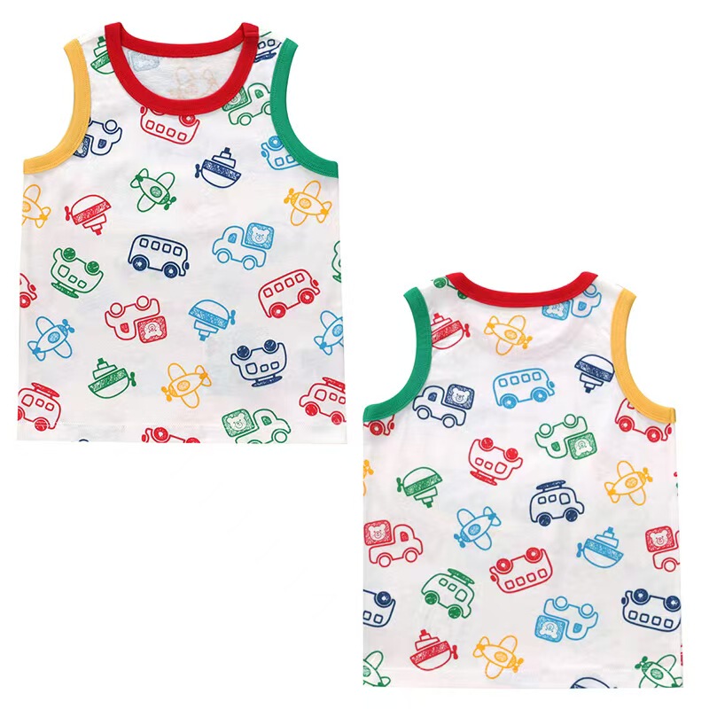 Japanese Trendy Brand Baby Tops New Style Boys and Girls Cartoon Car Airplane Full Print Vest Color-Blocking Sleeveless T-Shirt